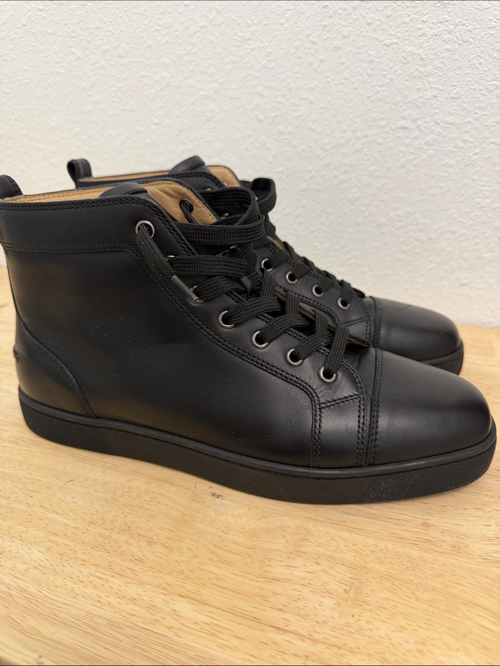 Christian Louboutin Men’s Black Leather High-Top Sneakers with Logo Patch - Picture 4 of 12